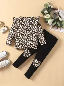 Young Girl Leopard Ruffle Sweatshirt & Knee Patched Leggings - Multicolor - View 1