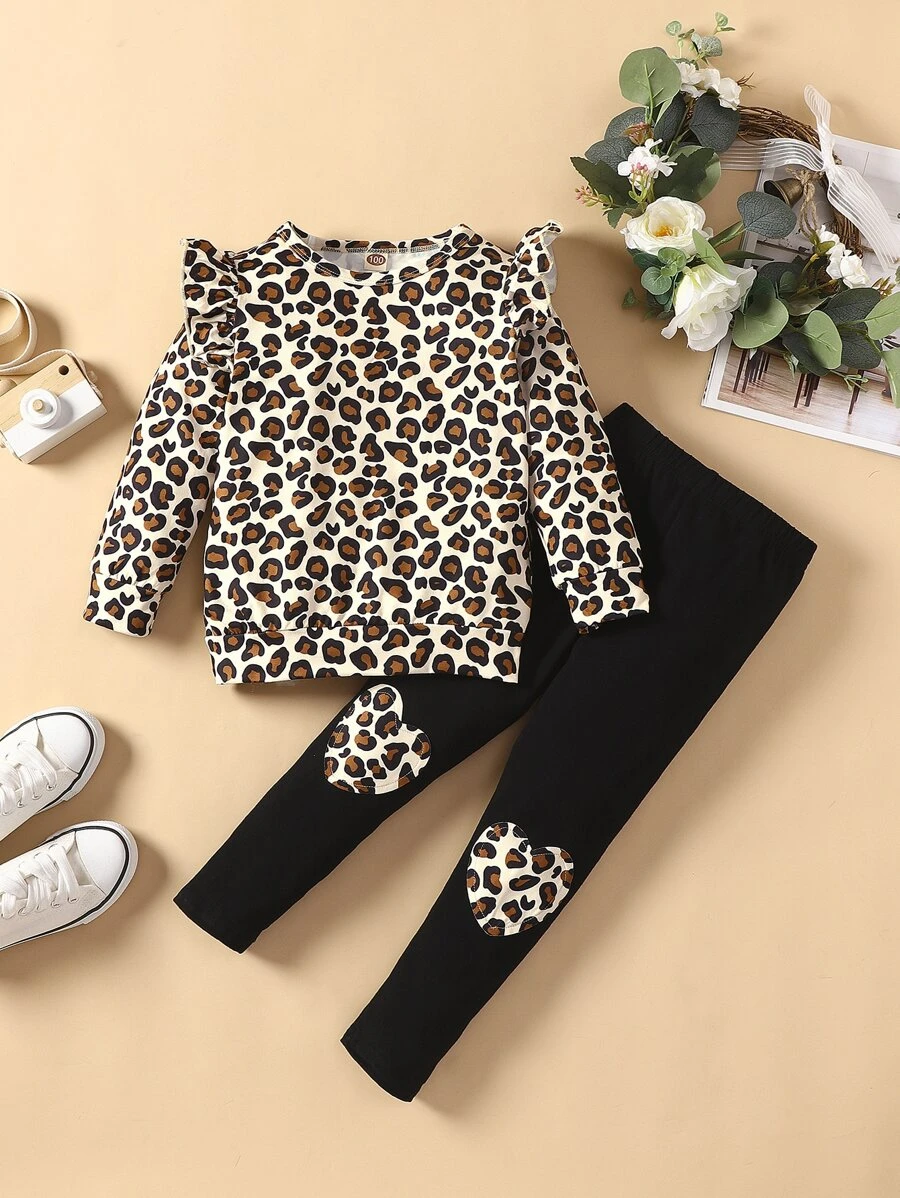 Young Girl Leopard Ruffle Sweatshirt & Knee Patched Leggings - Multicolor - View 1
