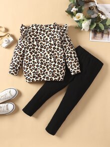 Young Girl Leopard Ruffle Sweatshirt & Knee Patched Leggings - Multicolor - View 2