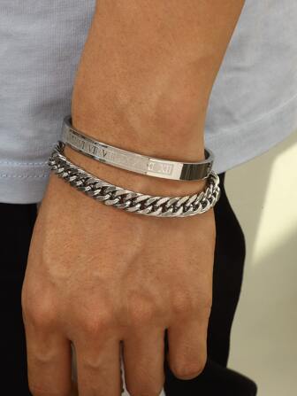 時尚流行男士鍊式手鍊和羅馬數字手鐲不銹鋼珠寶禮物和時尚外觀