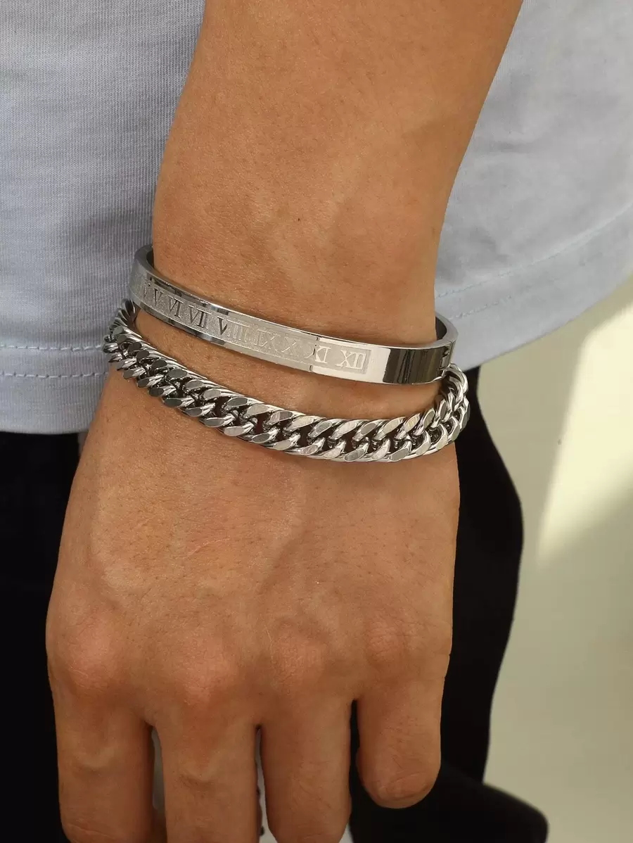 時尚流行男士鍊式手鍊和羅馬數字手鐲不銹鋼珠寶禮物和時尚外觀