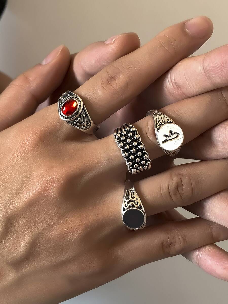 Fashionable and Popular 4pcs Men Simple and Stylish Ring Alloy for Jewelry Gift and for a Stylish Look - Silver - View 1