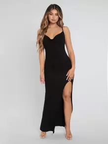 SHEIN SXY Đầm Tách cao màu trơn Gợi cảm - màu đen - Xem 5