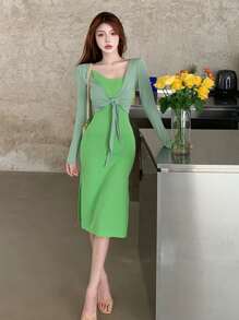 Solid Slit Side Cami Dress With Cardigan - Green - View 1
