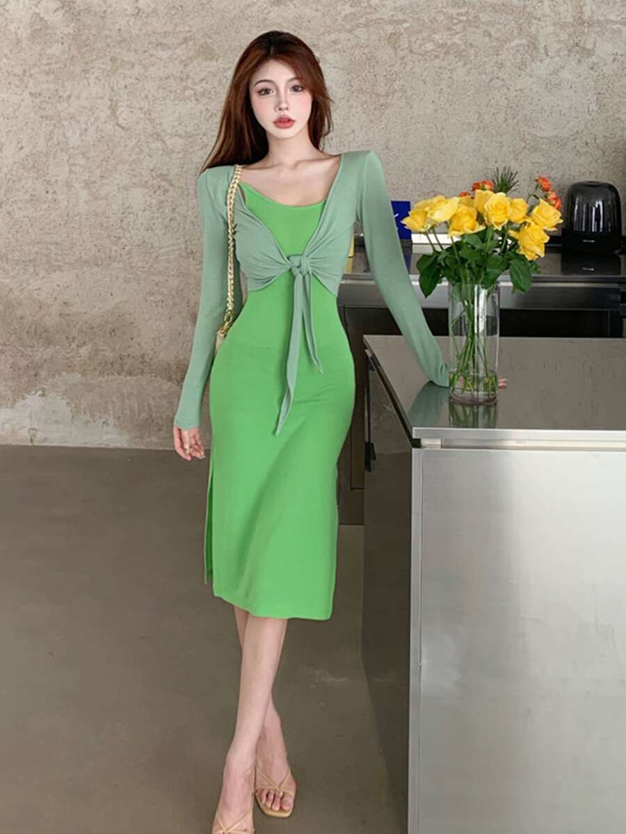 Solid Slit Side Cami Dress With Cardigan - Green - View 1