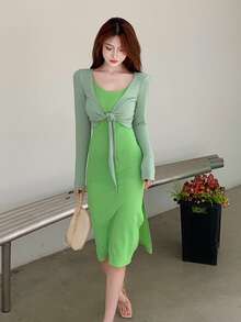 Solid Slit Side Cami Dress With Cardigan - Green - View 3