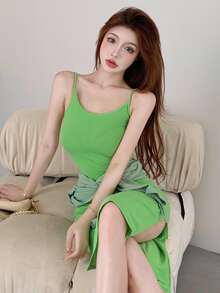 Solid Slit Side Cami Dress With Cardigan - Green - View 4