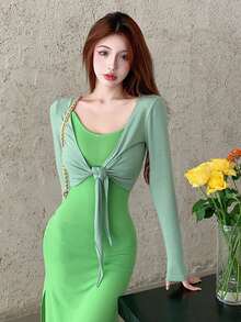 Solid Slit Side Cami Dress With Cardigan - Green - View 5