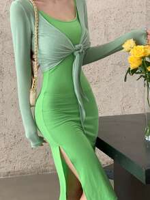 Solid Slit Side Cami Dress With Cardigan - Green - View 7