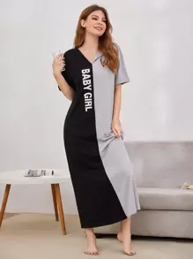 SHEIN Unity 落肩袖字母圖案拼接睡裙 - 彩色 - 查看 2