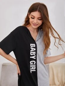 SHEIN Unity 落肩袖字母圖案拼接睡裙 - 彩色 - 查看 5