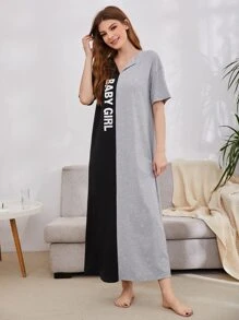 SHEIN Unity 落肩袖字母圖案拼接睡裙 - 彩色 - 查看 1