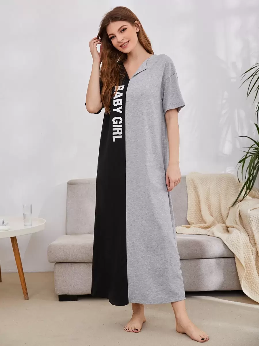 SHEIN Unity 落肩袖字母圖案拼接睡裙 - 彩色 - 查看 1