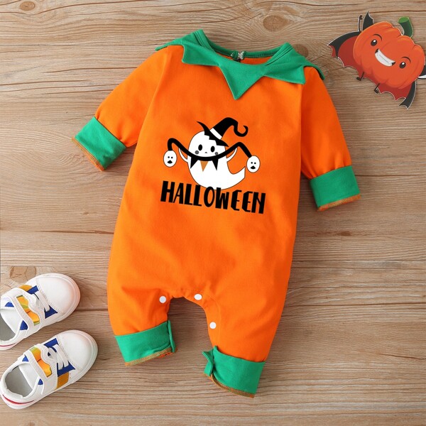 

Baby Halloween Print Contrast Panel Jumpsuit, Orange