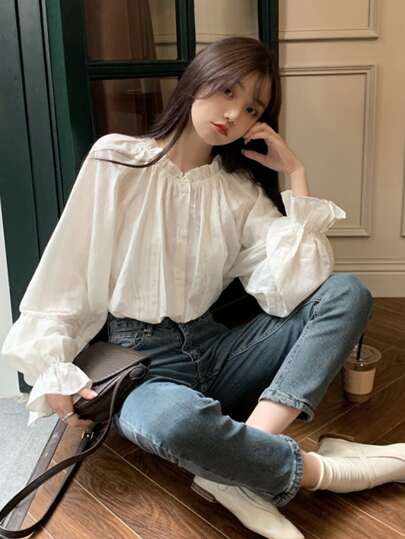 Honeyspot オーバーサイズブラウス フリルトリム レースパネル