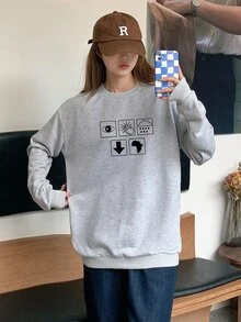 Pullover motif abu-abu muda dengan bahu jatuh. - Light Grey - View 1