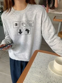 Pullover motif abu-abu muda dengan bahu jatuh. - Light Grey - View 3