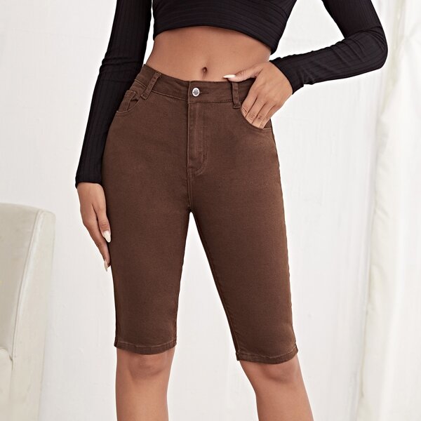

High Waist Bermuda Denim Shorts, Coffee brown