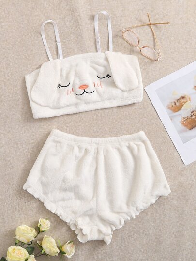 Rabbit Embroidered 3D Patched Flannel PJ Set / Pajama Set White Set, Fall Winter Clothes