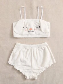 Rabbit Embroidered 3D Patched Flannel PJ Set / Pajama Set White Set, Fall Winter Clothes - White - View 4
