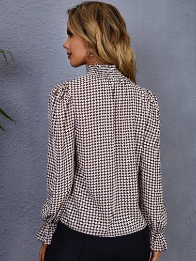 SHEIN 千鳥格子プリント フラウンススリーブ トップス
