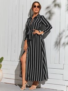 SHEIN Clasi Đầm Thắt lưng Nút phía trước Sọc Giải trí - màu đen - Xem 1