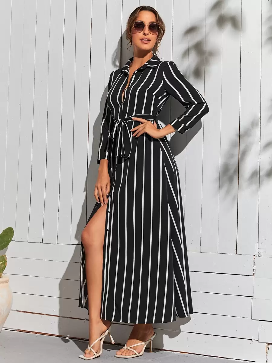 SHEIN Clasi Đầm Thắt lưng Nút phía trước Sọc Giải trí - màu đen - Xem 1