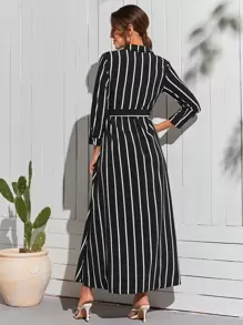 SHEIN Clasi Đầm Thắt lưng Nút phía trước Sọc Giải trí - màu đen - Xem 2