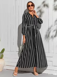 SHEIN Clasi Đầm Thắt lưng Nút phía trước Sọc Giải trí - màu đen - Xem 3