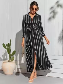 SHEIN Clasi Đầm Thắt lưng Nút phía trước Sọc Giải trí - màu đen - Xem 4