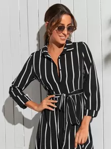 SHEIN Clasi Đầm Thắt lưng Nút phía trước Sọc Giải trí - màu đen - Xem 5