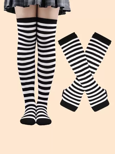 Striped Long Gloves & Over The Knee Socks