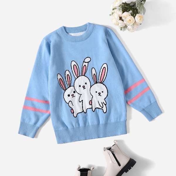 

Toddler Girls Striped & Rabbit Pattern Sweater, Baby blue