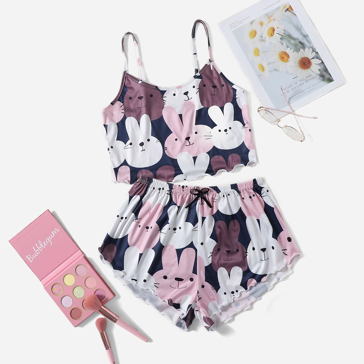 

Rabbit Print Lettuce Trim Cami Top & Shorts PJ Set, Multicolor