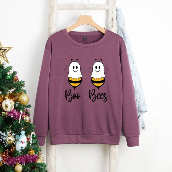 

Plus Bee And Letter Graphic Thermal Lined Sweatshirt, Red violet