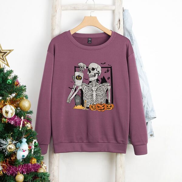 

Plus Halloween Print Drop Shoulder Thermal Lined Sweatshirt, Red violet