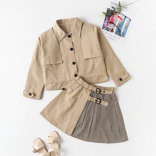 

Girls Gingham Color Block Jacket & Buckled Pleated Skirt, Khaki