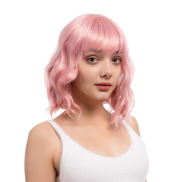 

Short Curly Wig With Bangs, Pink