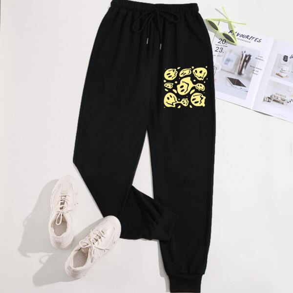

Expression Print Drawstring Detail Sweatpants, Black