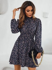 SHEIN Clasi All Over Print Shirred Waist Dress - Navy Blue - View 1