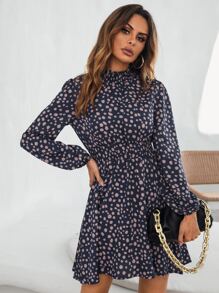 SHEIN Clasi All Over Print Shirred Waist Dress - Navy Blue - View 4