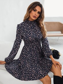 SHEIN Clasi All Over Print Shirred Waist Dress - Navy Blue - View 5