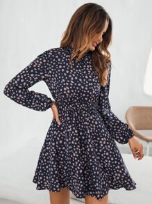 SHEIN Clasi All Over Print Shirred Waist Dress - Navy Blue - View 6