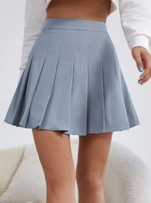 SHEIN Qutie 高腰素色百褶半身裙 - 霧霾藍 - 查看 3