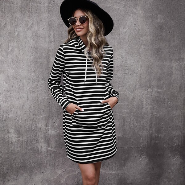 

Striped Kangaroo Pocket Hoodie Dress, Black and white