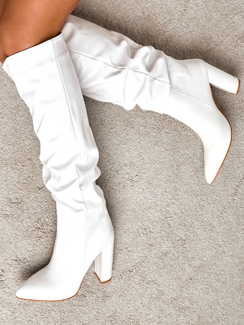 Ladies' Fashionable Pointed Toe Chunky Heel Slip-On Pu White Boots & Knee-High Boots & Winter Warm Long Boots,Style With Skirt,Women Boots