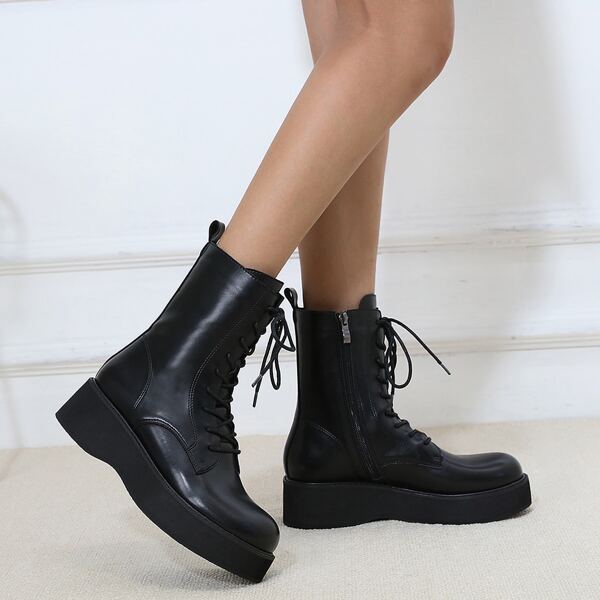 

Side Zip Flatform Combat Boots, Black