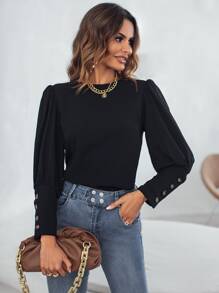 SHEIN Unity Áo sơ mi nữ Nút màu trơn Thanh lịch - màu đen - Xem 4