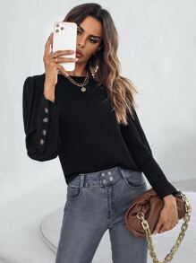 SHEIN Unity Áo sơ mi nữ Nút màu trơn Thanh lịch - màu đen - Xem 6