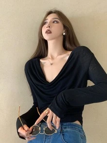Solid Drape Front Tee - Black - View 2